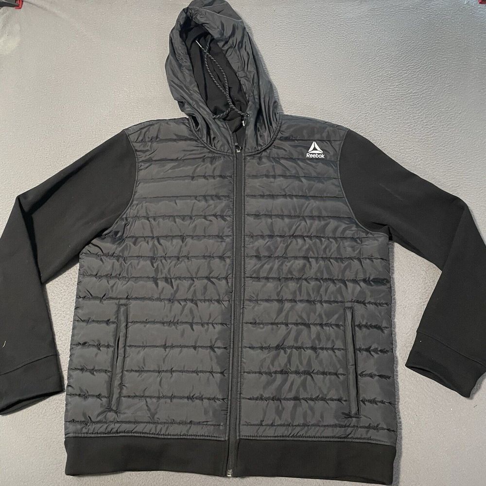 Reebok Men's Jacket Size X-Large Black Quilted Puffer Full Zip Hooded Athleisure